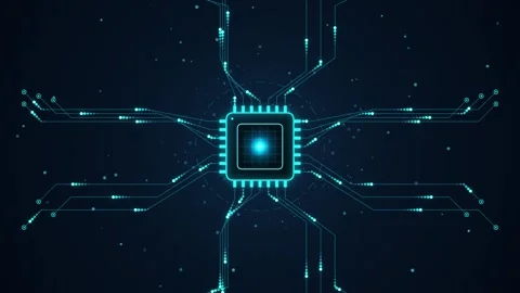 Digital microchip processing data with circuit board lines on dark blue bac.. Stock Footage 347718276