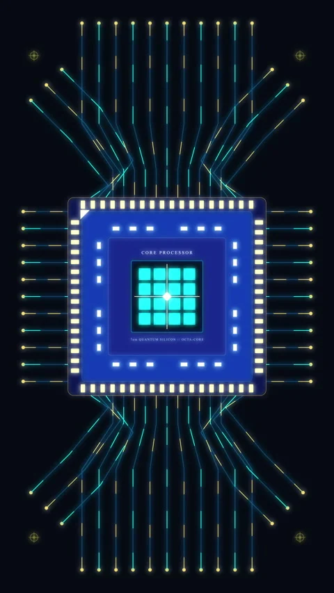 Digital microchip processor circuit board data flow neon blue grid pulse Stock Footage 347562796