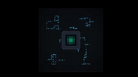 Digital microchip processor glowing on dark background showing data flow in.. 動画素材 345277034