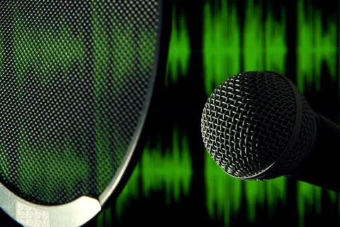 Digital microphone head with pop filter against soundwave pattern Stock Photos