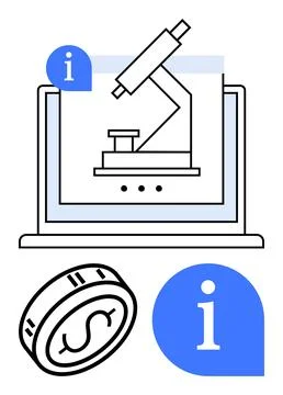 Digital microscope displayed on a laptop screen. Currency symbol and blue inf Illustrazione stock