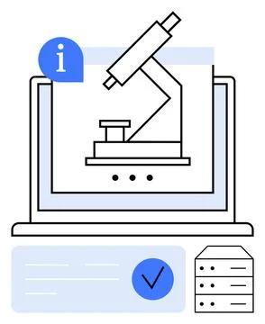 Digital microscope displayed on laptop screen with information icon and check Illustrazione stock