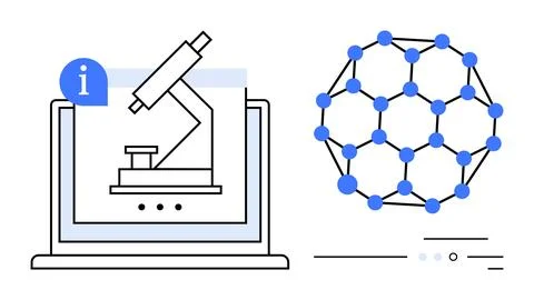Digital microscope on laptop screen with a molecular structure representation Illustrazione stock
