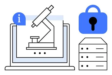 Digital Microscope on Laptop with Secure Server and Information Symbol Illustrazione stock