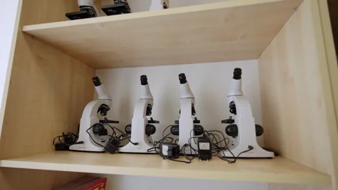 Digital microscopes stand on light wooden laboratory shelves Vídeos de archivo 332736630
