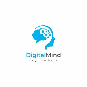 Digital Mind, Brain Head Tech Logo Design Vector Stock Illustration