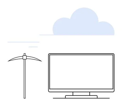 Digital Mining Concept with Pickaxe Next to Computer Monitor and Cloud in B.. Ilustración de archivo