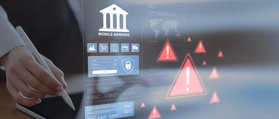 Digital Mobile Banking Security Screen Showing Cyber Threat Alerts and Protec Stock Photos
