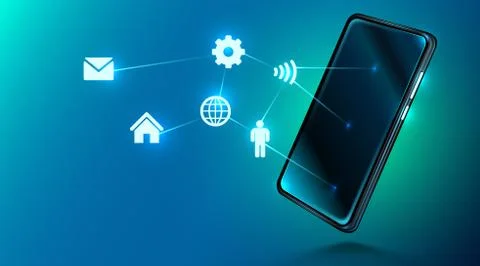 Digital mobile technology. Cosmos style in blue color. Device screen and Stock Illustration