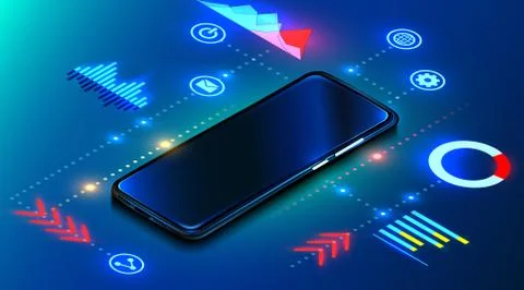 Digital mobile technology. Cosmos style in blue color. Devise with infographic Stock Illustration