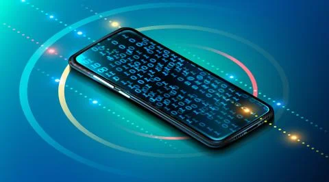 Digital mobile technology. Cosmos style in blue color. Devise with binary code 스톡 일러스트
