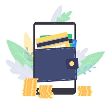 Digital mobile wallet concept with phone screen flat vector illustration Stock Illustration