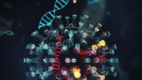 Digital model of coronavirus COVID-19 and dna strand shown as round azure cell Stock Illustration