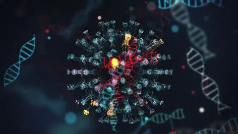 Digital model of coronavirus COVID-19 and dna strand shown as round azure cell Illustrazione stock