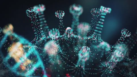 Digital model of coronavirus COVID-19 and dna strand shown as round azure cell Stock Illustration