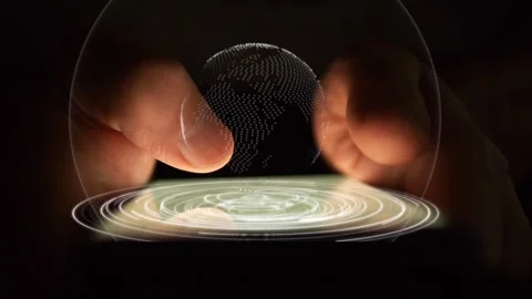A digital model of planet Earth rotates inside a protective sphere and above a Stock Footage 270704633