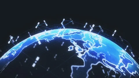 Digital model of rotating Earth with light lines of satellites orbits which Stock Footage 124123151