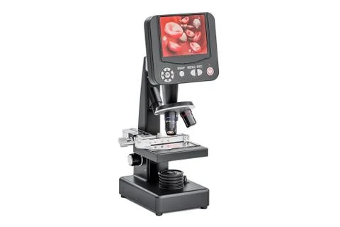 Digital modern microscope with  screen, biotechnology research of blood cells Stock Illustration