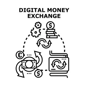 Digital money exchange process with online currency transaction Ilustração Stock