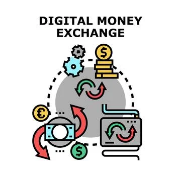 Digital money exchange process with online currency transaction Ilustración de archivo