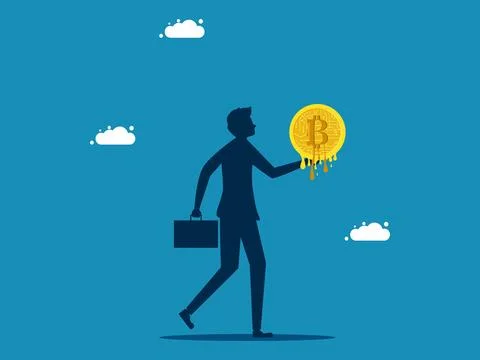 Digital money has lost value. man holds melting bitcoin coins. vector Stock Illustration