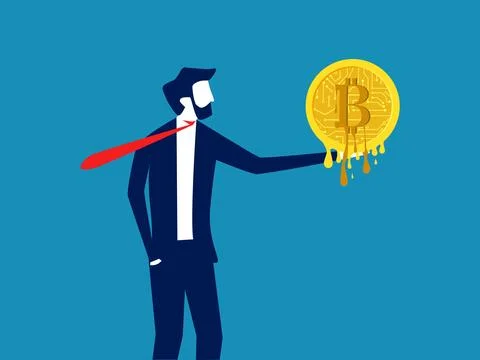 Digital money has lost value. Businessman holds melting bitcoin coins. vector Illustrazione stock