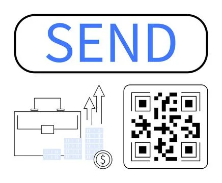 Digital Money Transfer with QR Code, Growing Bar Graph, and Financial Briefcase Stock Illustration