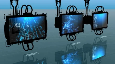 Digital monitors turning and displaying three abstract futuristic animations Stock Footage 60938608