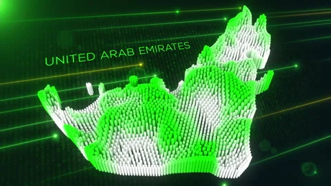Digital Motion 3D Perspective Dynamic Rippling Map of UAE in Green and White Video stock 280563593
