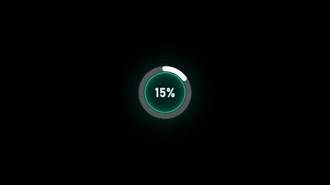 Digital motion graphic showing 15% system loading in vibrant cyan neon. Stockbeeldmateriaal 338349070