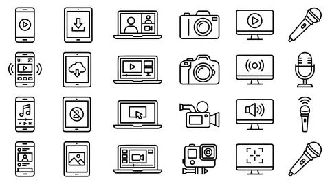 Digital multimedia device and media production icon set vector graphics Stock Illustration