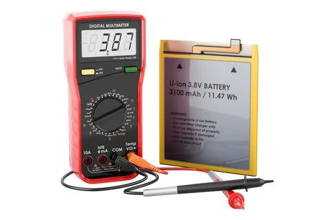 Digital multimeter and Lithium Ion Cell Phone Battery, 3D rendering Stock Illustration