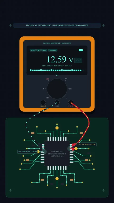 Digital multimeter and microchip testing voltage circuit measurement Stockbeeldmateriaal 347562890