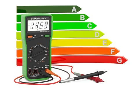 Digital multimeter with energy efficiency chart, 3D rendering イラスト素材
