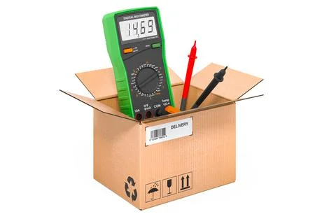 Digital multimeter inside cardboard box, delivery concept. 3D rendering Stock Illustration