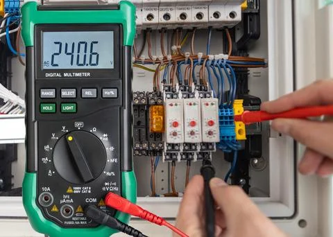 Digital Multimeter Measuring Voltage in Electrical Circuit Stock Photos