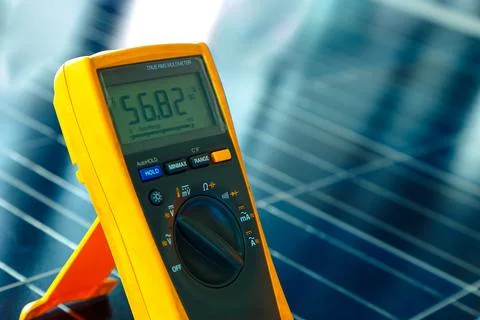Digital multimeter measuring voltage on solar panel, clean energy concept Stock-Fotos