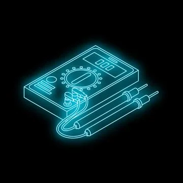 Digital multimeter with probes is glowing blue neon color on black background Stock Illustration