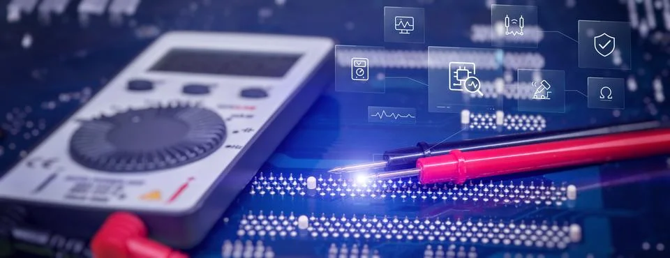 Digital Multimeter Probes Testing Electronic Circuit Board with Diagnostic .. Stock-Fotos