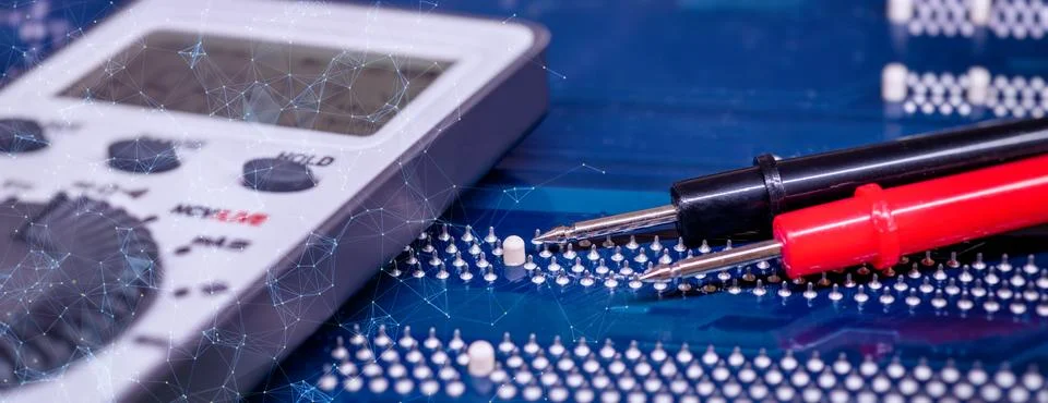 Digital Multimeter Probes Testing Printed Circuit Board with Futuristic Netwo Stock Photos