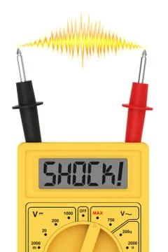 Digital multimeter with shock! word on display and electric flash on probes Stock Illustration