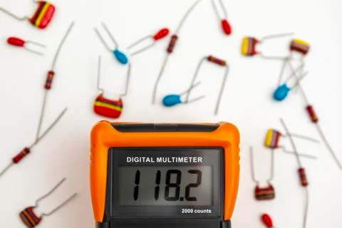 Digital multimeter showing a voltage reading on its display Foto stock