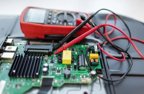 Digital multimeter testing electronic circuit board components inside hardware Stock Photos