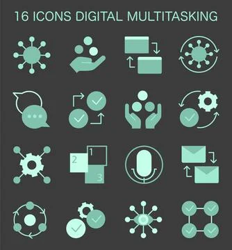 Digital multitasking icons set. Effectiveness and competence, media Illustrazione stock