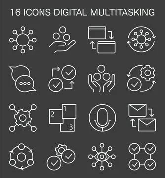 Digital multitasking icons set. Effectiveness and competence, media Stock Illustration