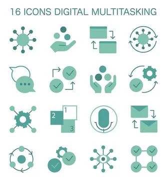 Digital multitasking icons set. Effectiveness and competence, media Illustrazione stock