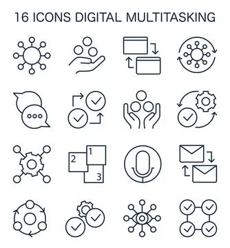 Digital multitasking icons set. Effectiveness and competence, media Stock Illustration