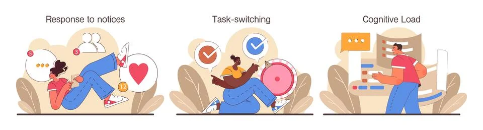 Digital multitasking set. Effective and competent office worker media Stock Illustration