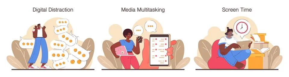 Digital multitasking set. Effective and competent office worker media Stock Illustration