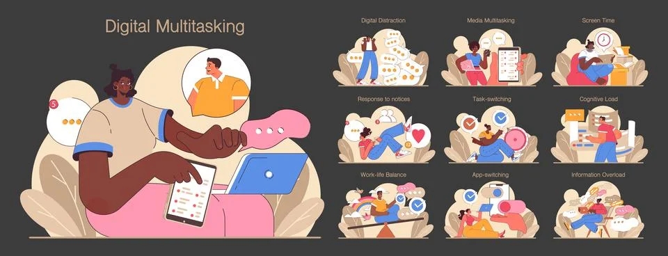 Digital multitasking set. Effective and competent office worker media Stock Illustration